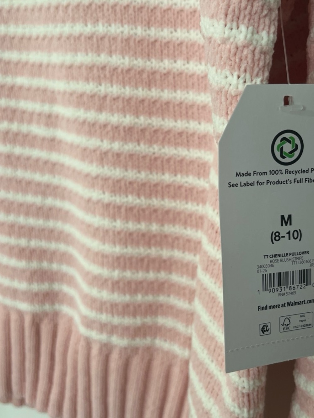Time and Tru Pink & White Striped Chenille Pullover Sweater